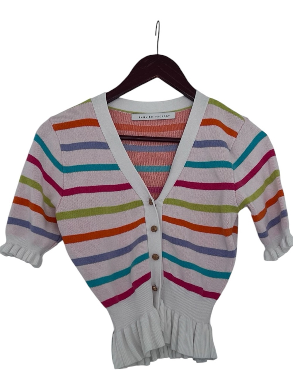 English Factory White Multicolor Striped Short-Sleeve Ruffle Hem Cardigan
